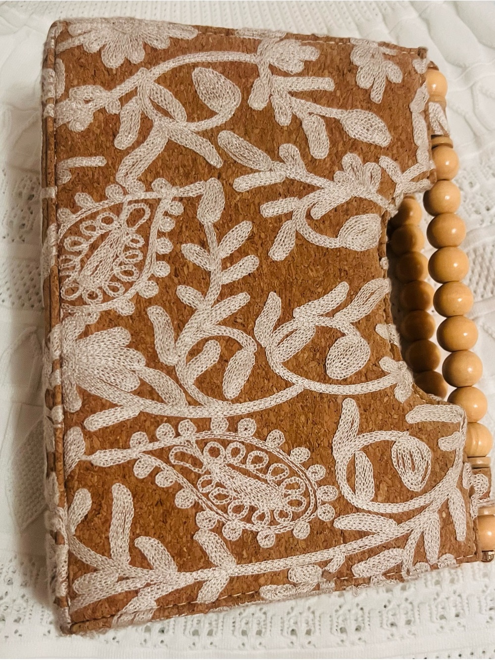 Cork Embroidered Tan Clutch with Beaded Handle